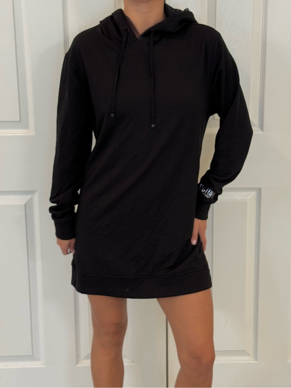 Victoria Sport Black Open Back Hooded Sweatshirt Dress with Mesh Trim
